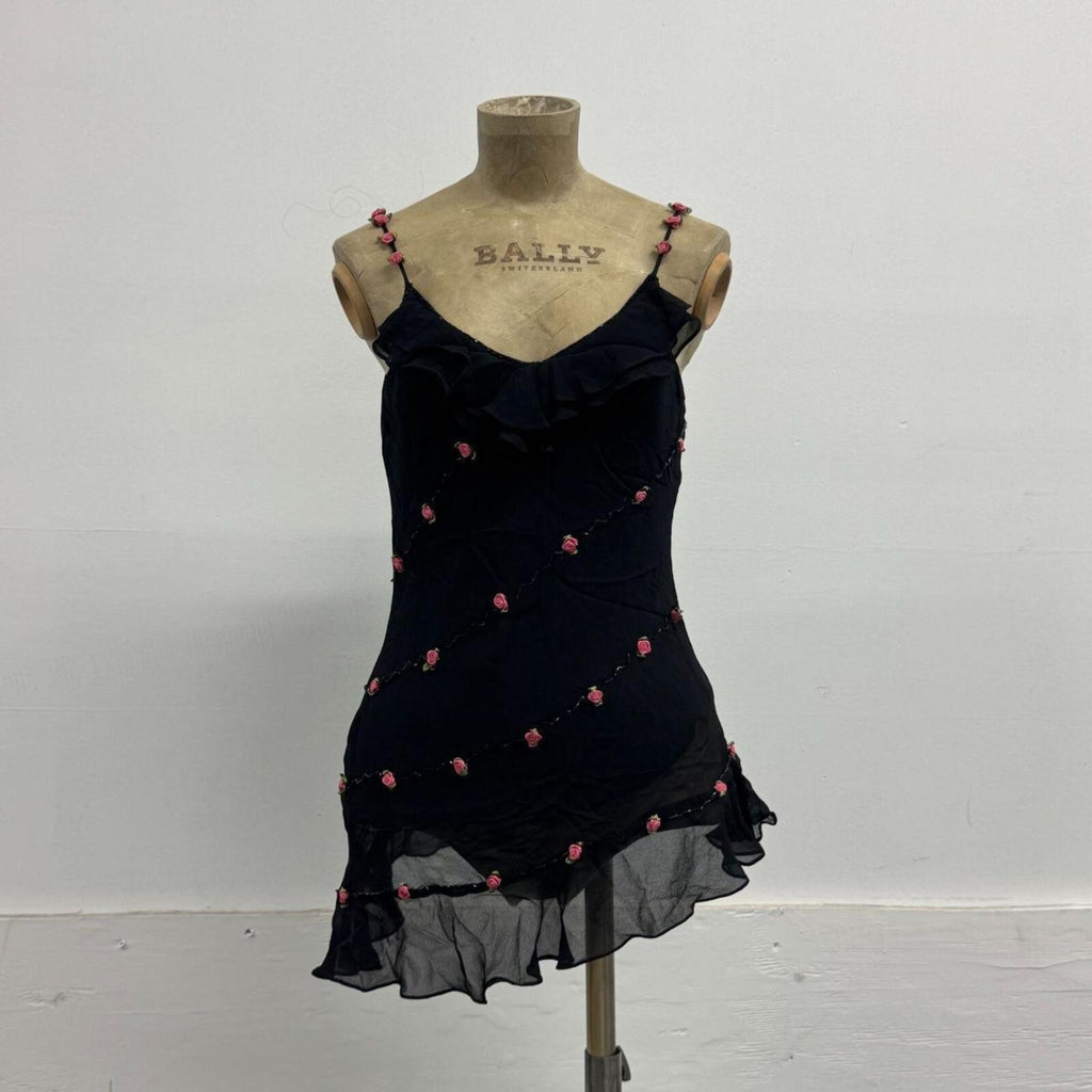 Deadstock Vintage Y2K Rosette Embellished 100% Mulberry Silk Slip Black