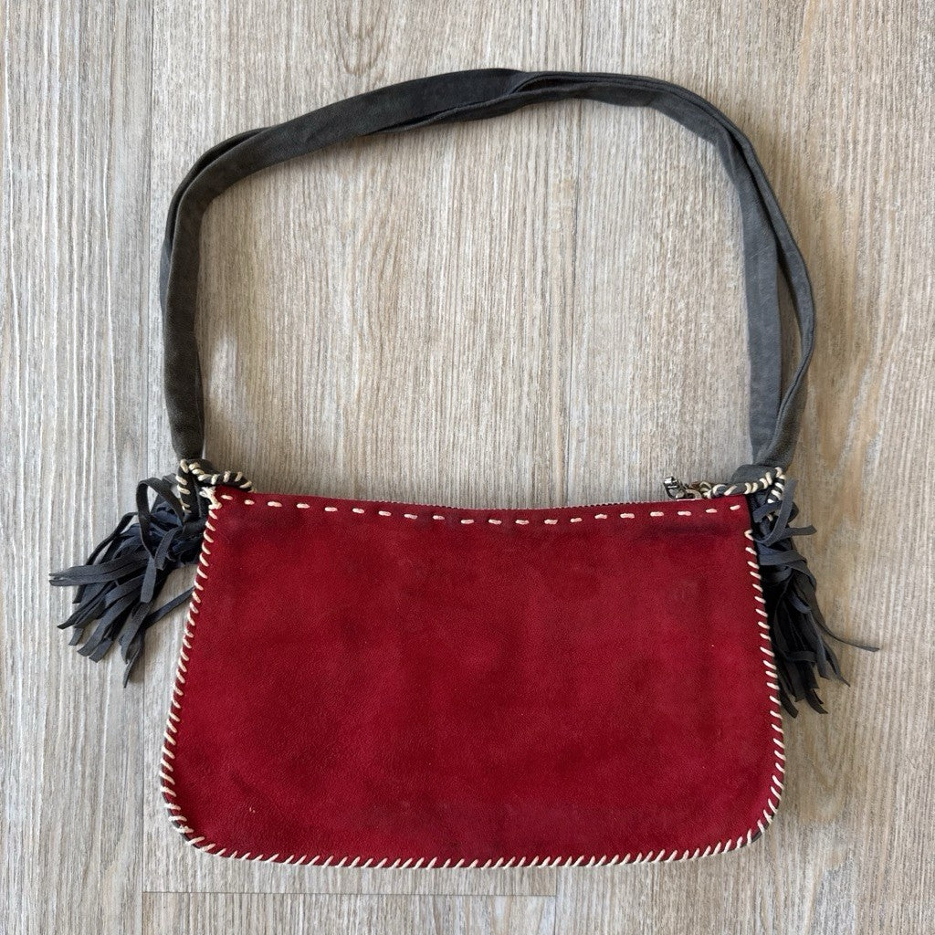 Vintage Suede Fringe Shoulder Bag Red Pink Y2K