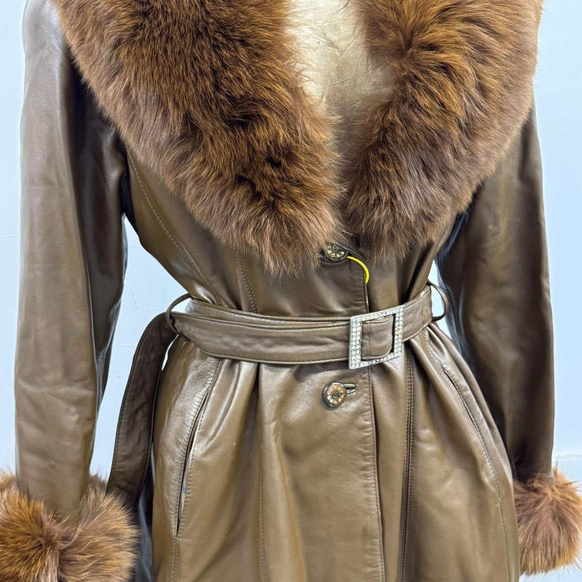 Vintage Y2K Brown Leather and Fox Fur Trench Coat