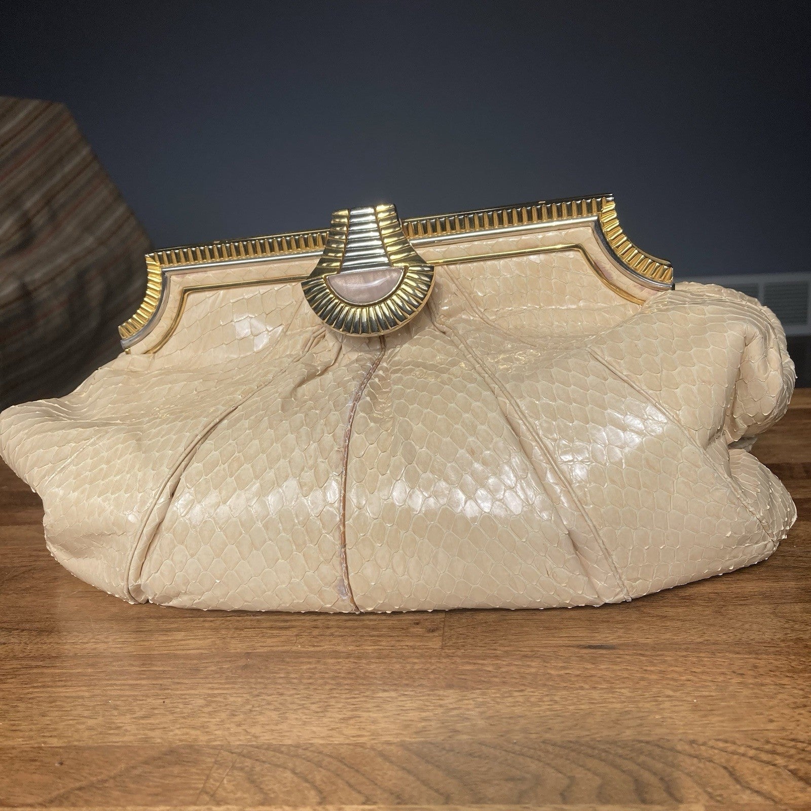 Vintage Judith Leiber Ivory Snakeskin Clutch Shoulder Bag with mirror and comb