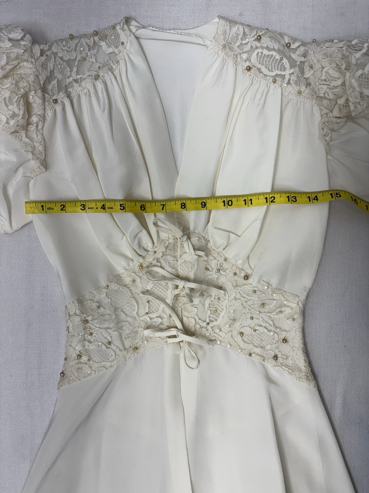 Vintage Late 1930s Ivory Hostess Gown Peignoir-Style Corseted Waist Lace Beaded