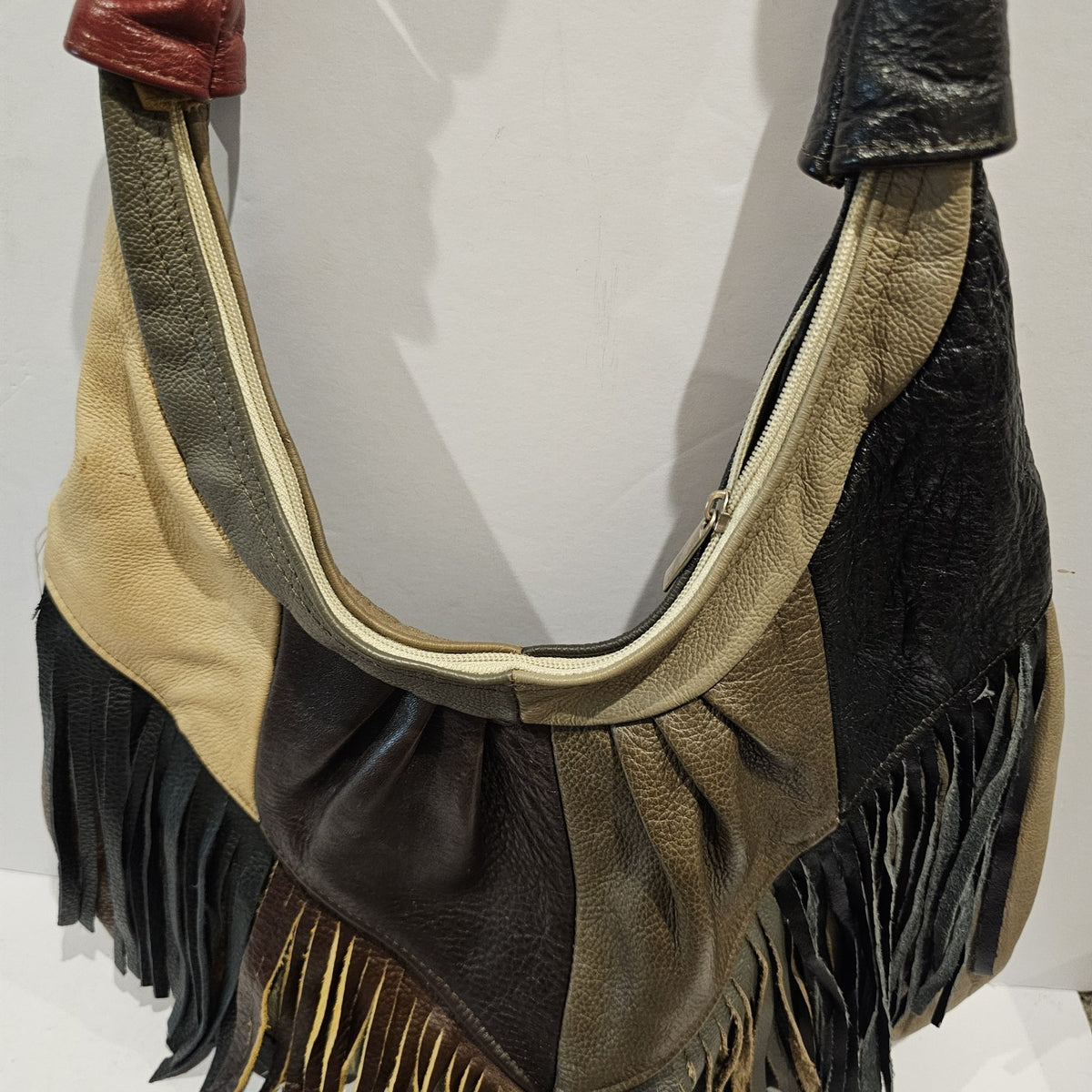 Vintage Leather Patchwork Fringe Hobo Bag