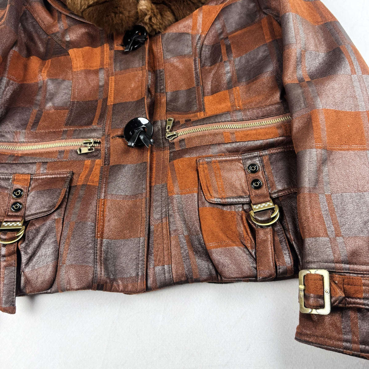 Vintage Brown Plaid Leather Jacket with Fur Collar