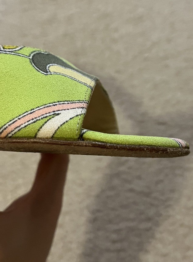 Vintage JIMMY CHOO Green & Pink Open Toe Pucci Print Heels, Made In Italy, 36