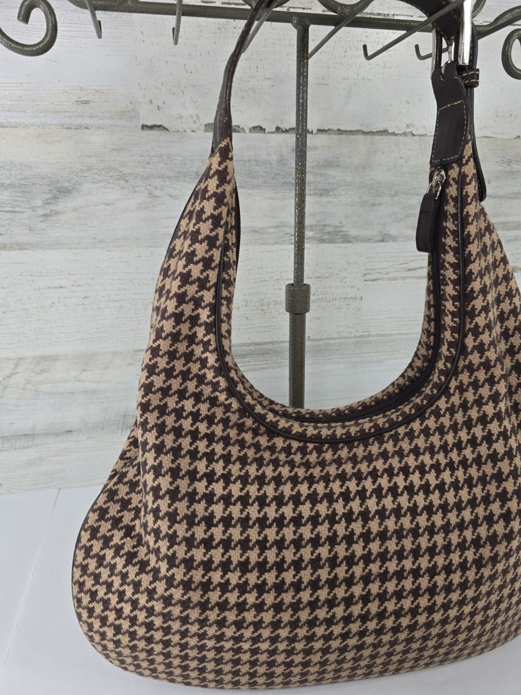 Lauren Ralph Lauren Brown Houndstooth Wool Blend Shoulder Bag Y2K