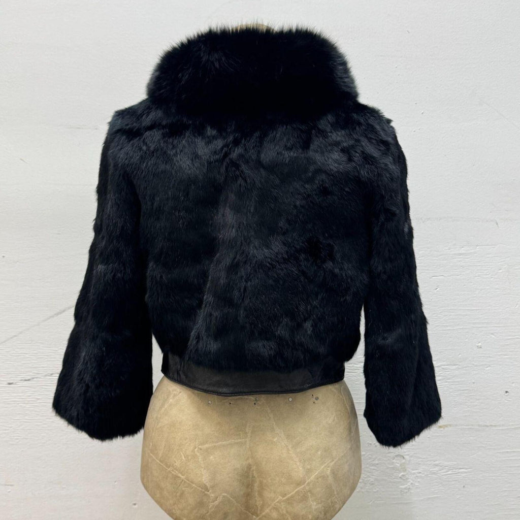 Y2K Black Rabbit and Fox Fur Leather Crop Jacket