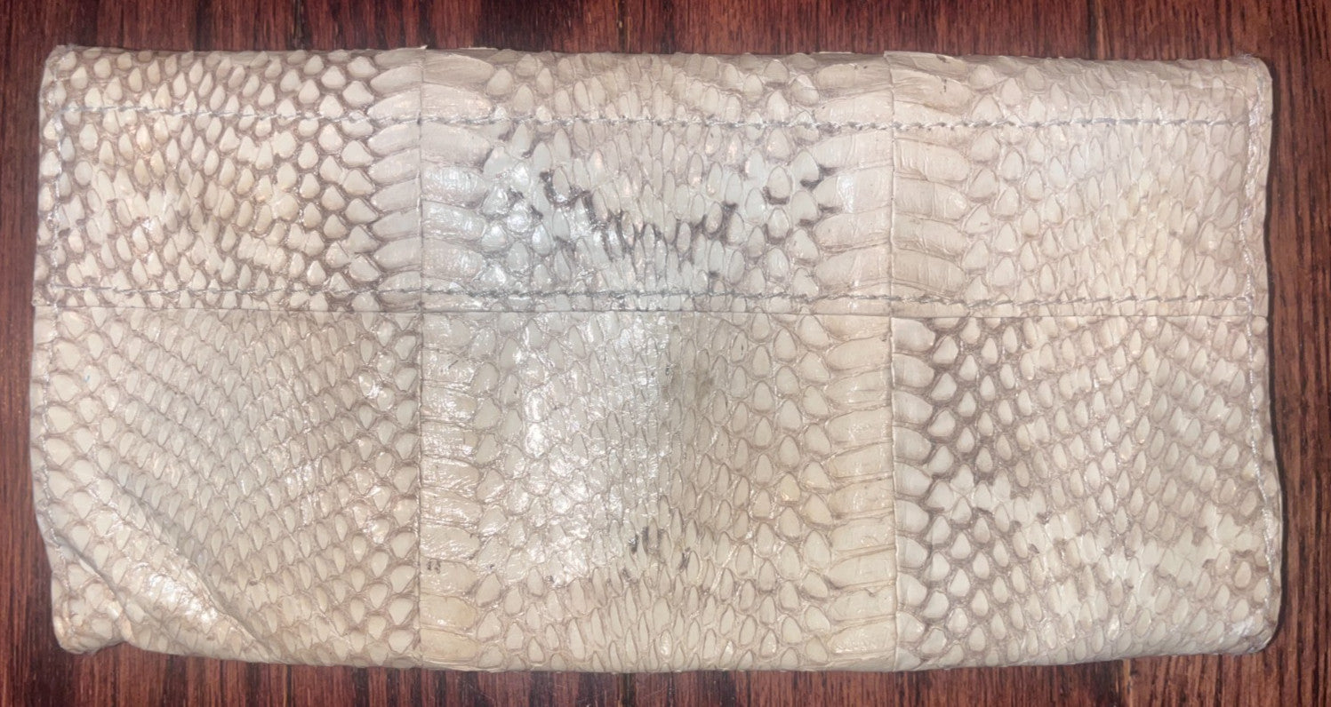 R&Y AUGOUSTI Python Snake Skin Leather Snap Wallet Clutch Ivory Brown Vintage