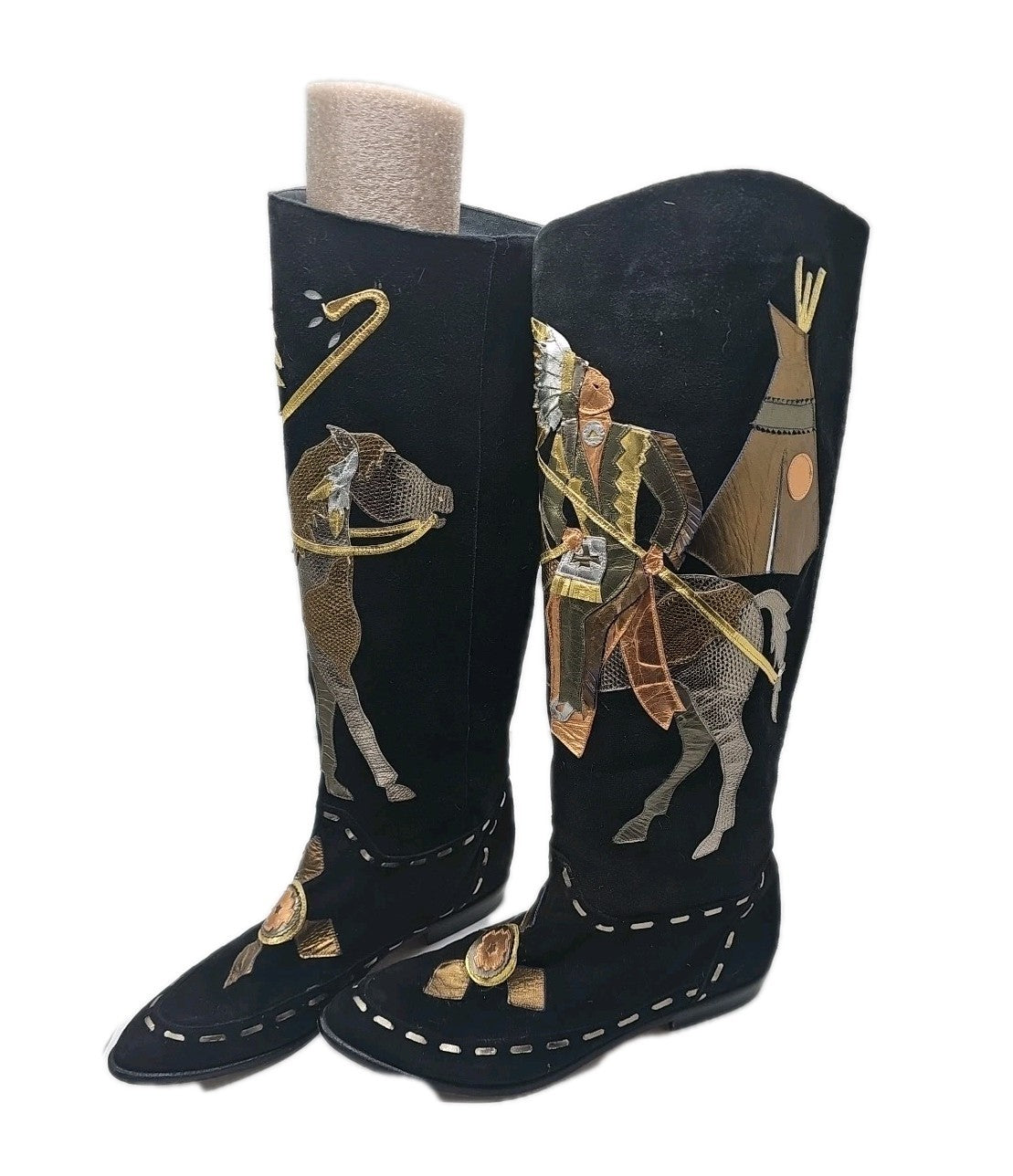 Rare Vtg Zalo Black Suede 8 Boots Metallic Leather Native American Horse Teepee