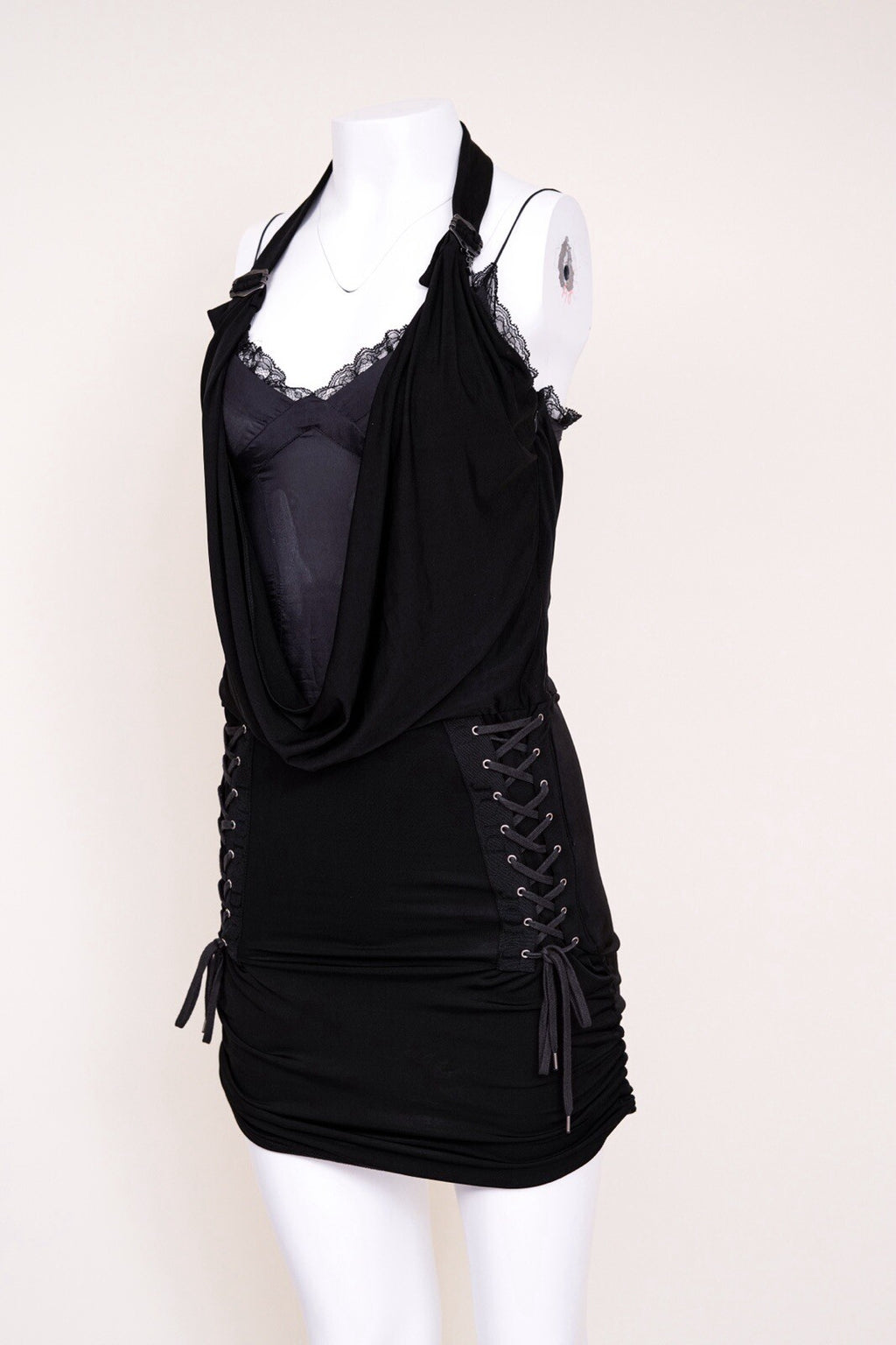 S/S 2004 Christian Dior by John Galliano Lace Up Cowl Halter Black Bodycon Dress