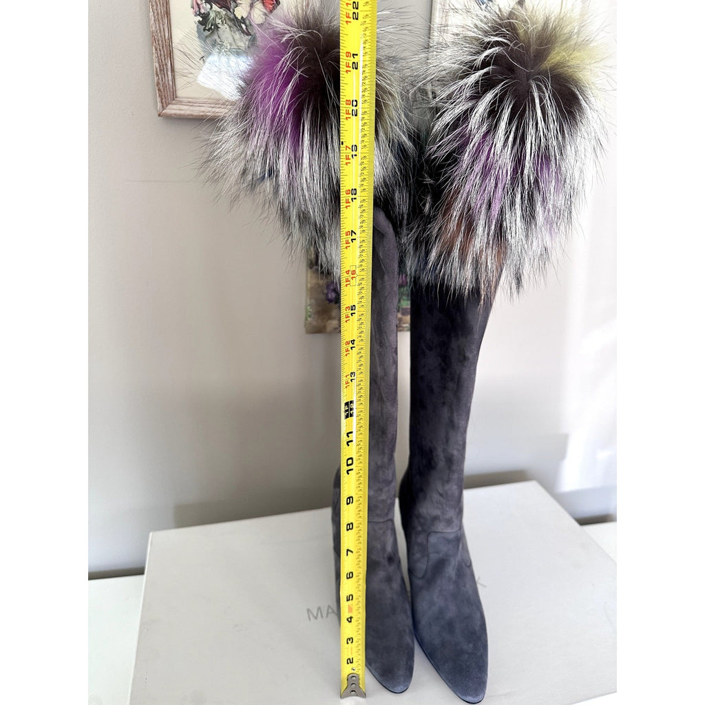 $1995 Manolo Blahnik Likanskim Boots Fur Suede Tall Womens Shoes Gray Size 37.5
