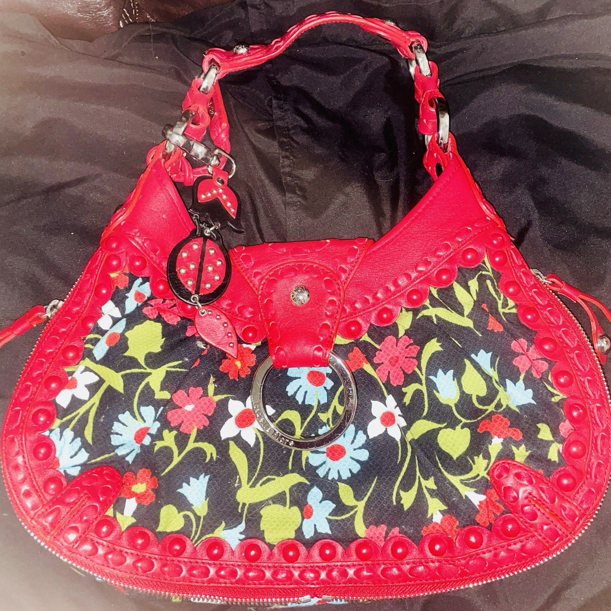 Isabella Fiore Red Floral Crescent Shoulder Bag