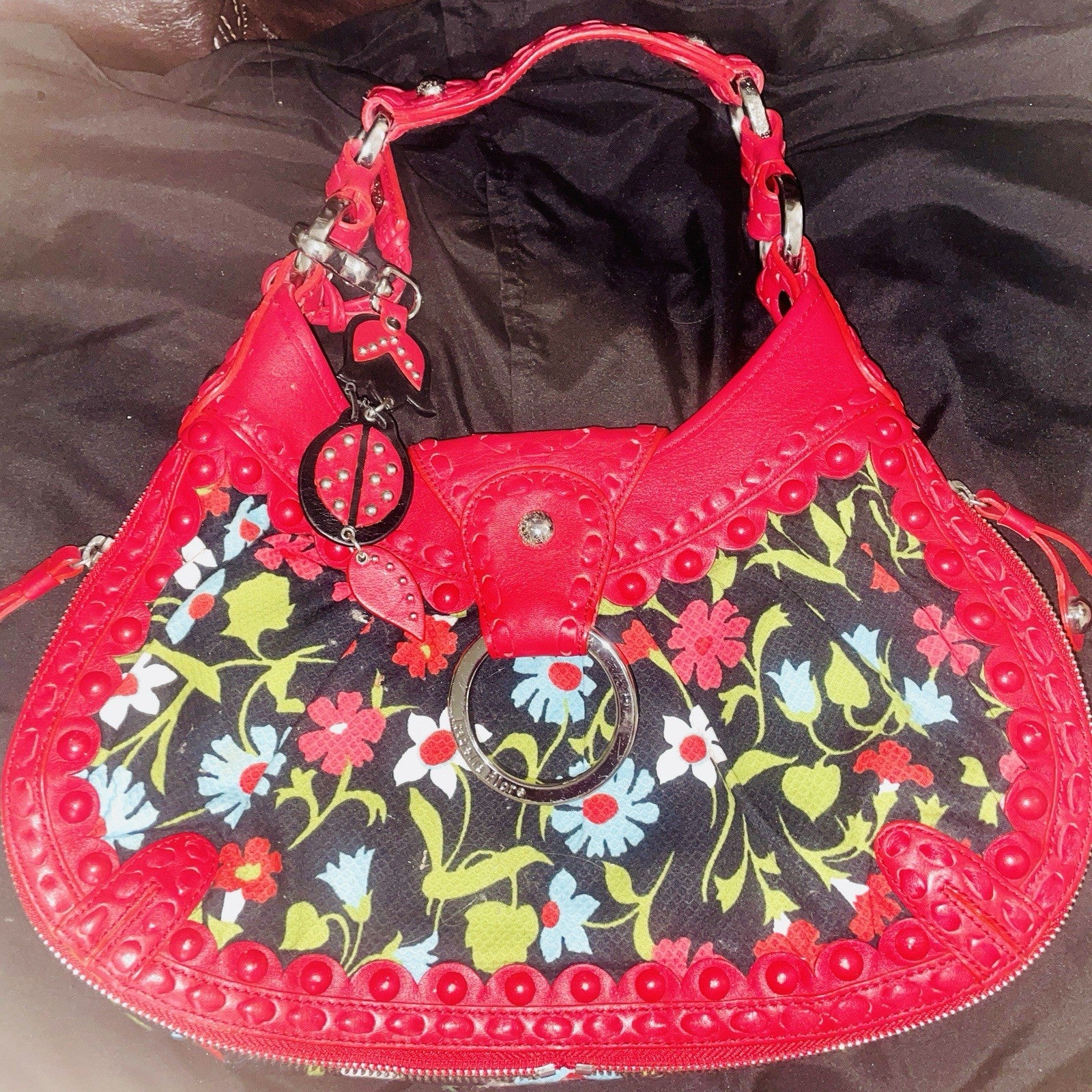 Isabella Fiore Red Floral Crescent Shoulder Bag