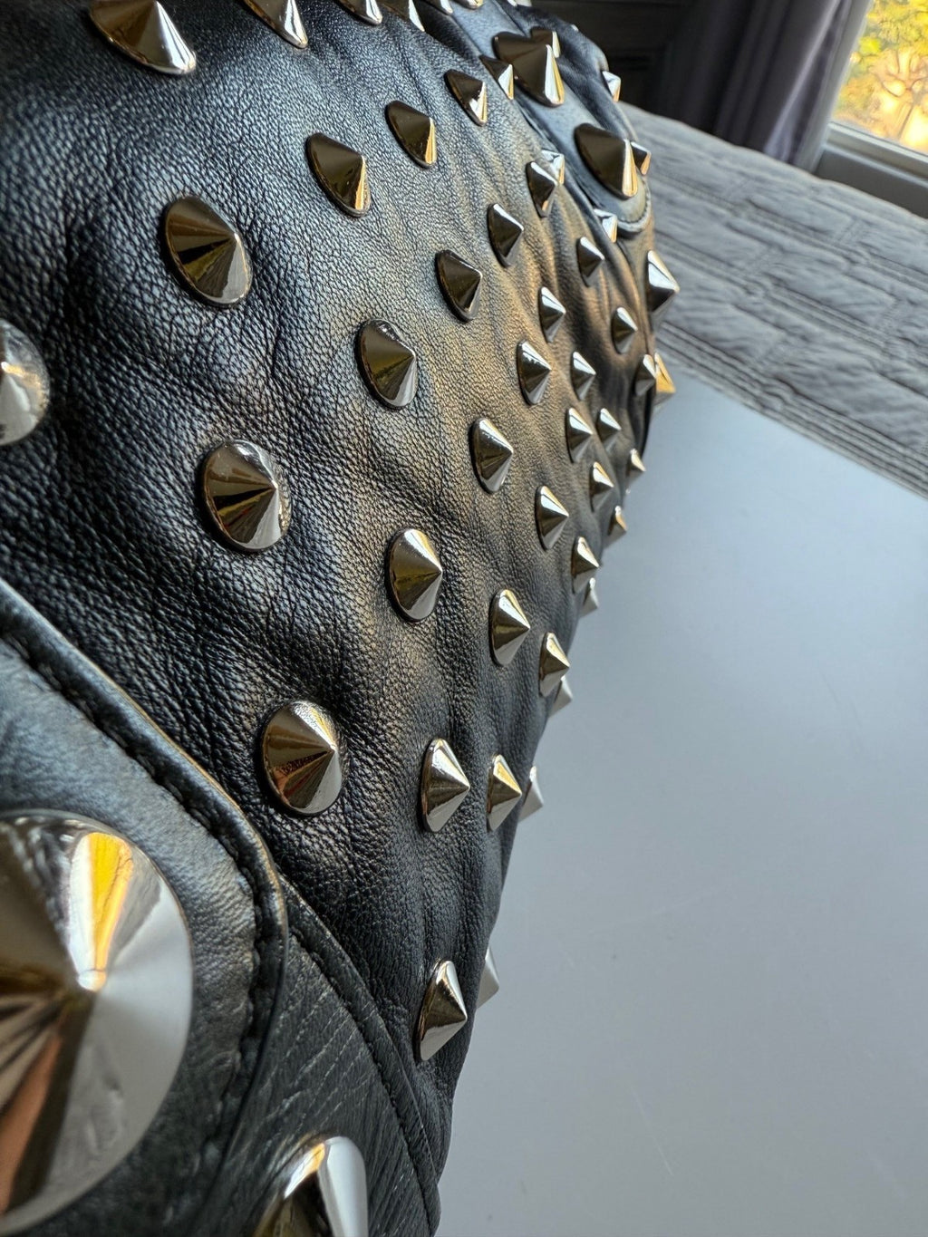 BE&D The Garbo Black Lambskin Leather Studded Bell-Shaped Satchel