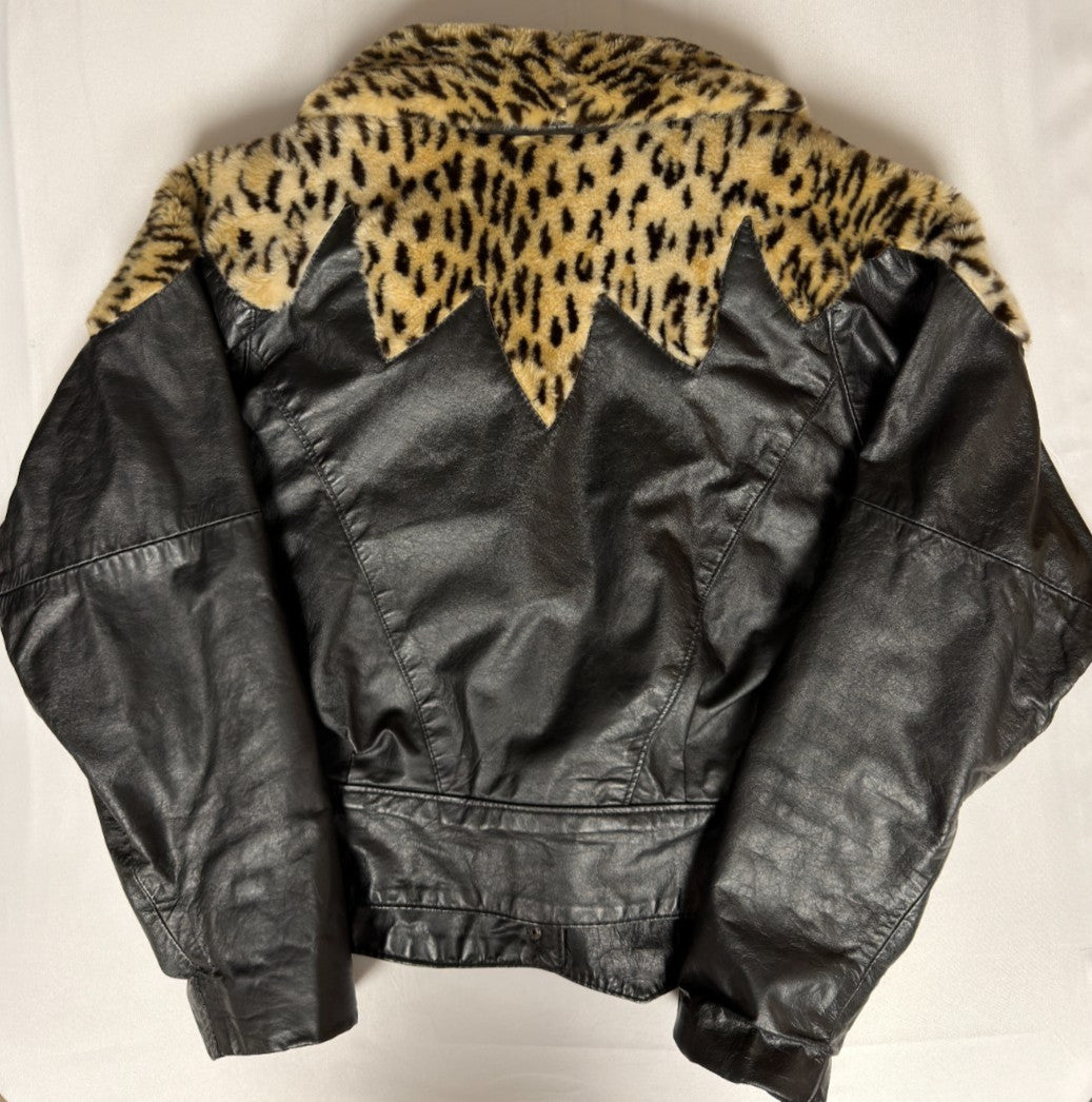 Phoenix Leather Jacket Small Black with Leopard Fur