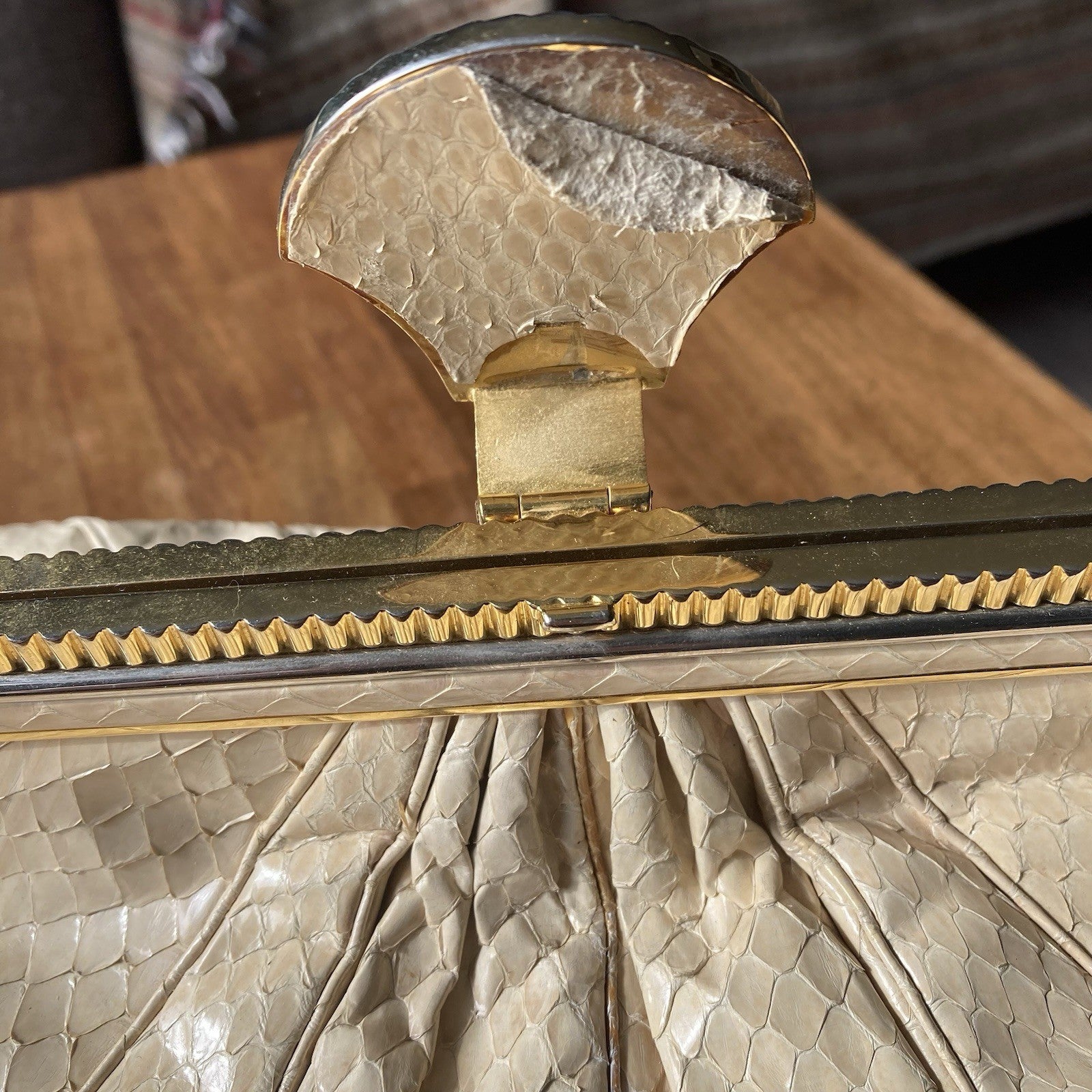 Vintage Judith Leiber Ivory Snakeskin Clutch Shoulder Bag with mirror and comb