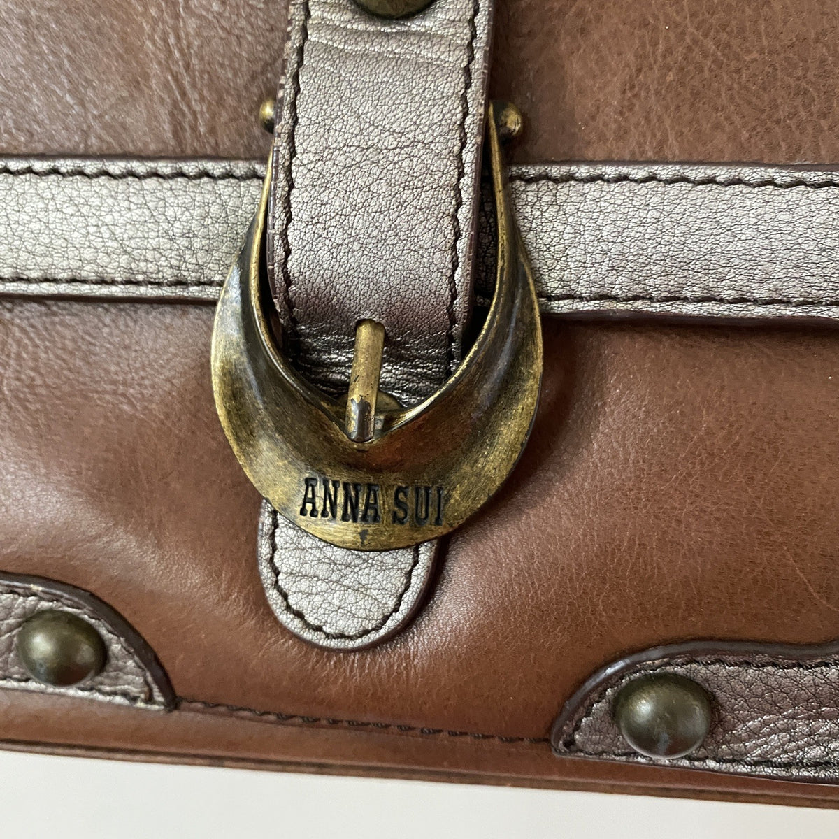 Anna Sui Brown Pewter Studded Leather Chain Tote Bag