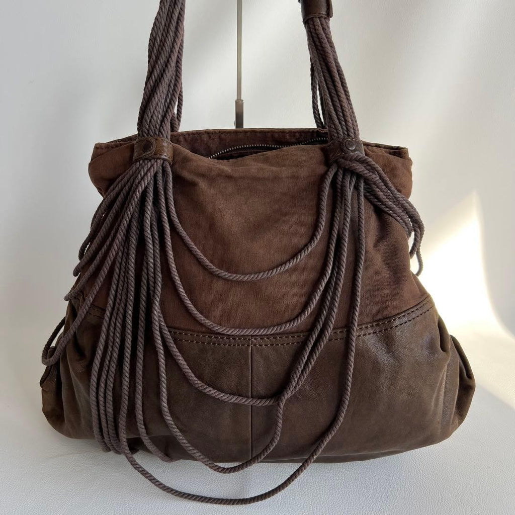 Diesel 2000s Brown Leather Shoulder Bag with Fringe Large