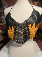 Vtg. 2/ Leather Fringe Halter Tops Black Biker Festival Cowgirl custom-made!!Sm.