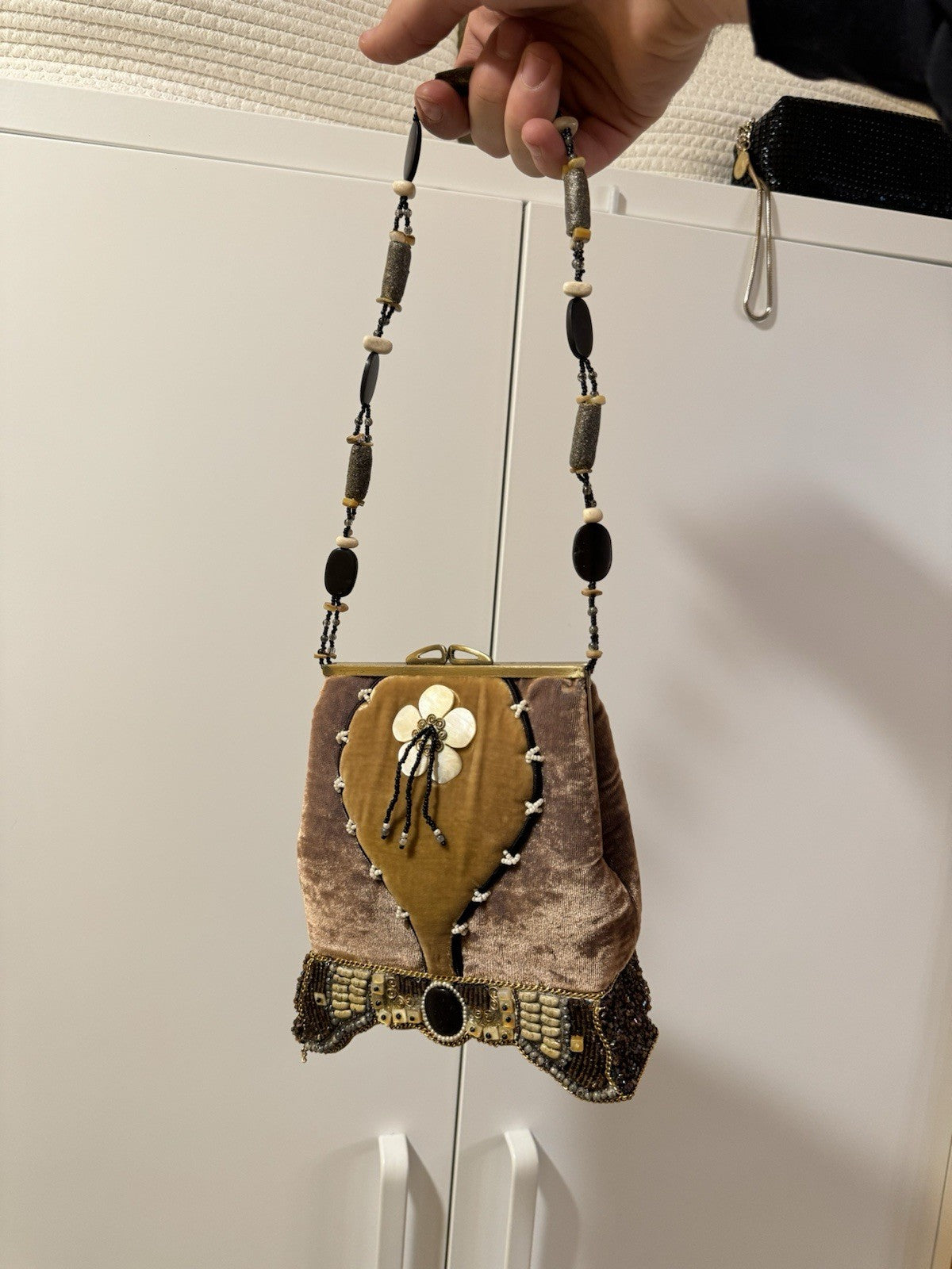 Mary Frances Handmade Beaded Velvet Bag Floral Mother of Pearl Clutch Purse