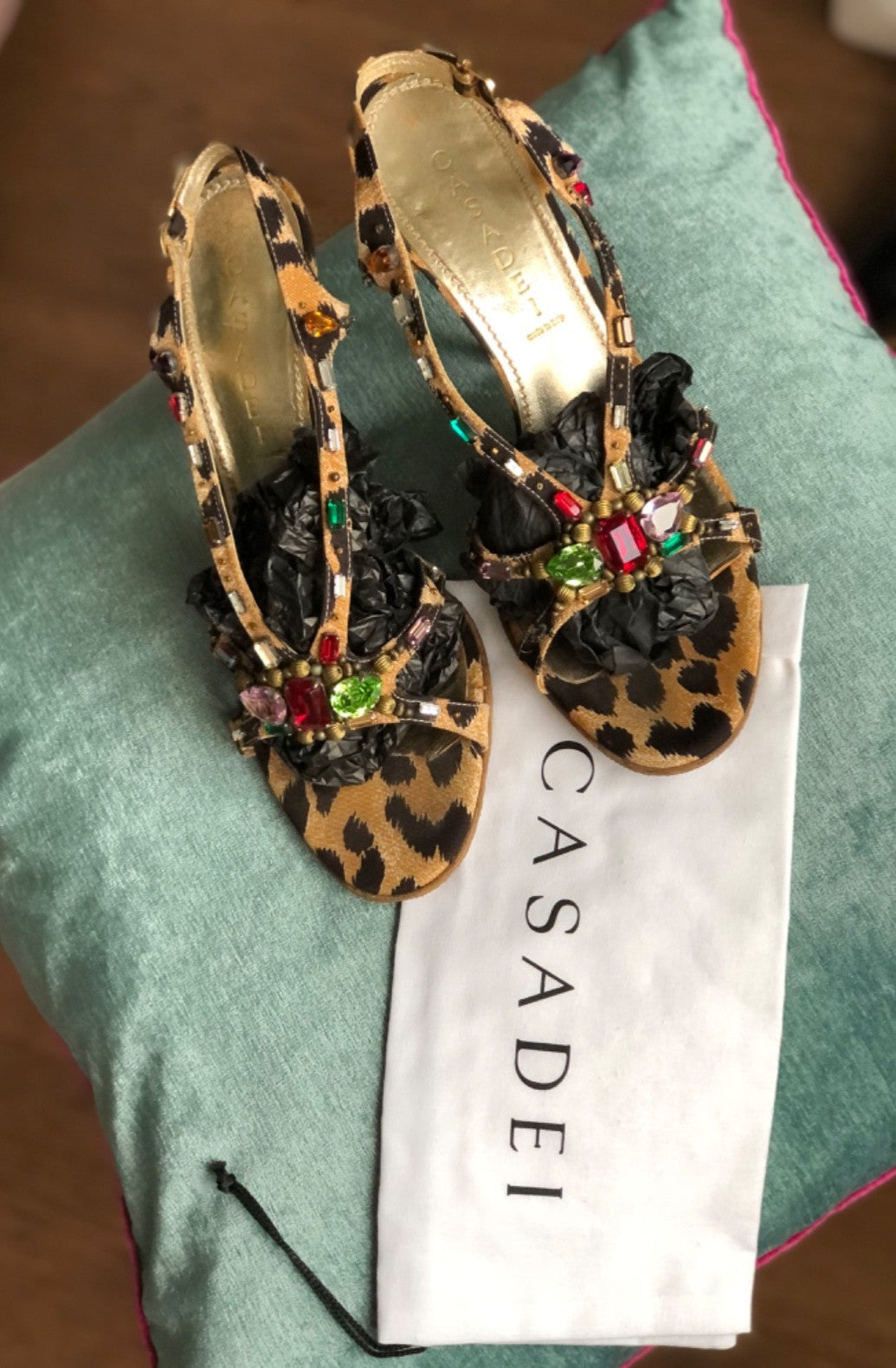 Vintage Casadei Leopard Rhinestone Sandals Y2K Crystal Slingback Heels 9.5 Flaw