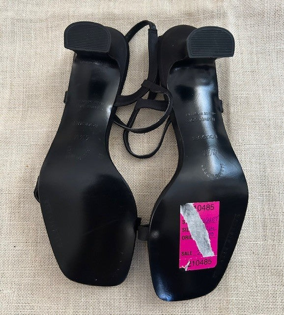Valerie Stevens España Vintage Black Satin Sequin Floral Strappy Kitten Heels