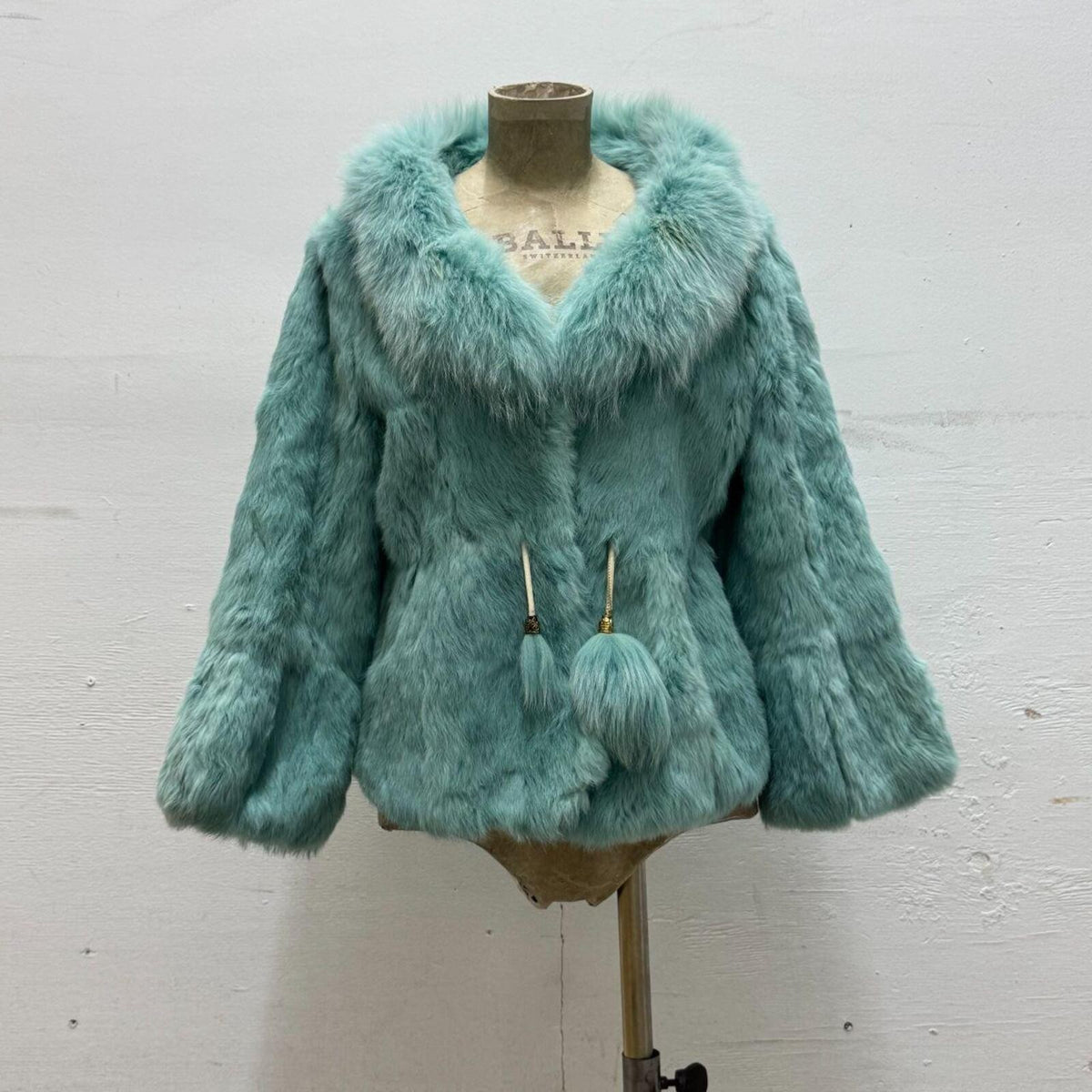 Y2K Turquoise Rabbit and Fox Fur Pom Pom Jacket