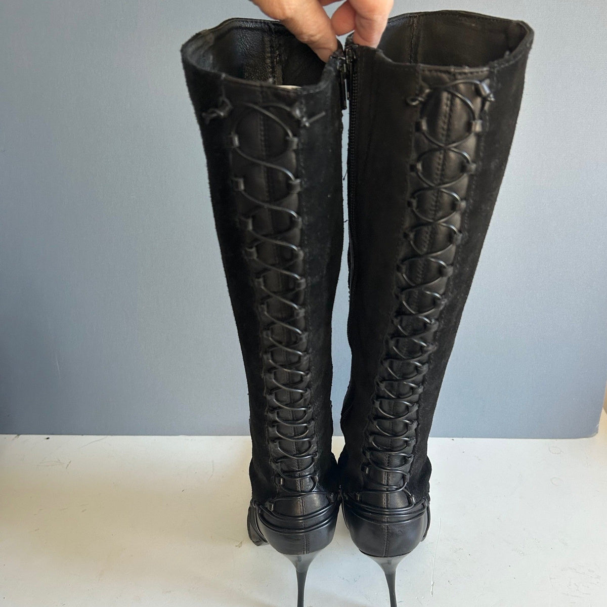 Aldo Tall Lace-Up Heeled Boots Black Pointed Toe Stiletto Knee
