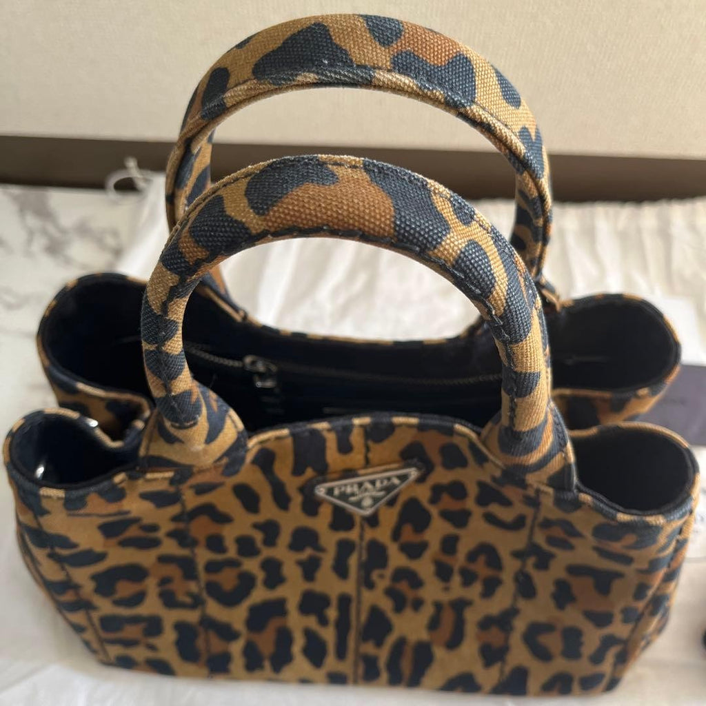 PRADA Canapa Leopard Print 2Way Tote Bag Brown Canvas USED from Japan #SA