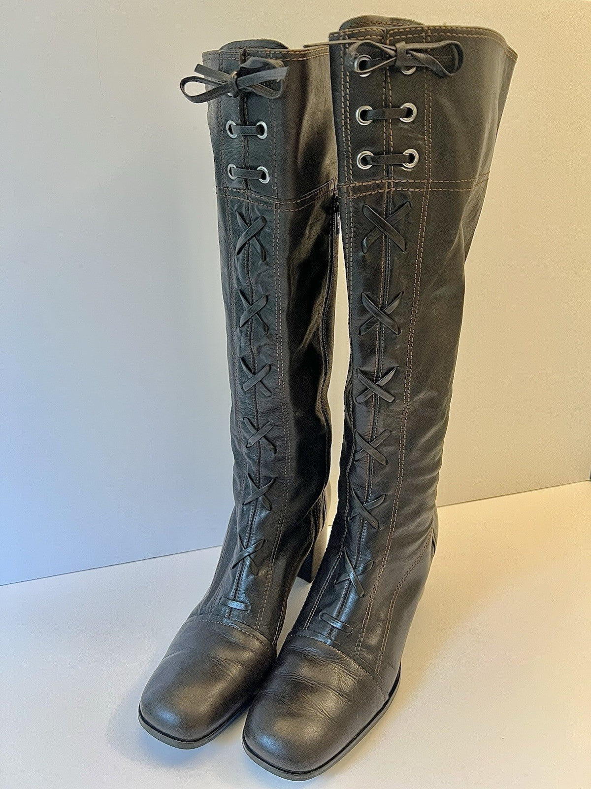 Vintage Brown Leather Lace Up Knee High Boots Women's 8.5
