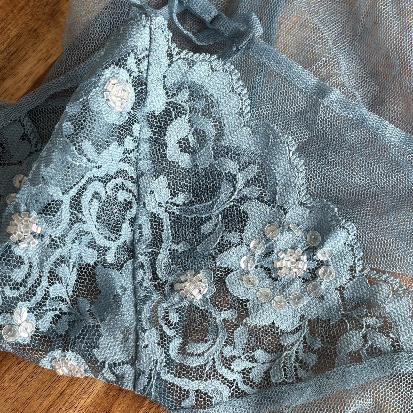 VTG Victoria’s Secret Blue Babydoll Dress Sheer Size M Sequin Lace Romantic Y2K