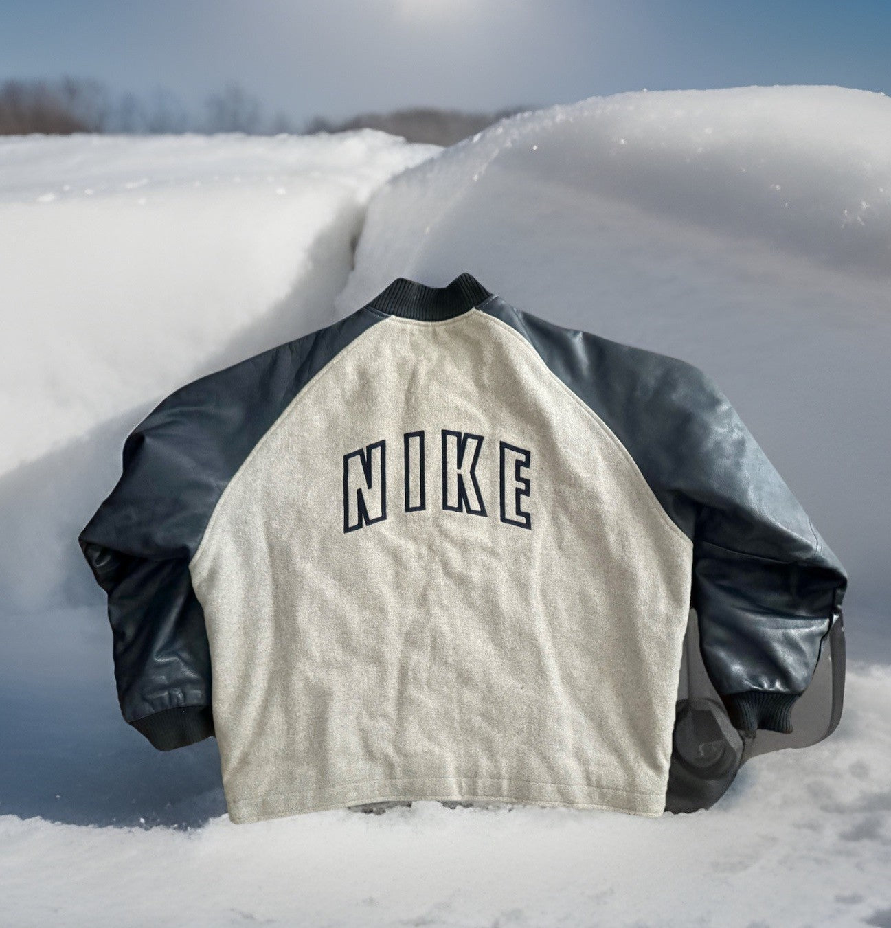 (VTG) NIKE SPORTSWEAR VARSITY JACKET WOOL/LEATHER GRAY/NAVY-BLUE MENS SIZE XL❄️