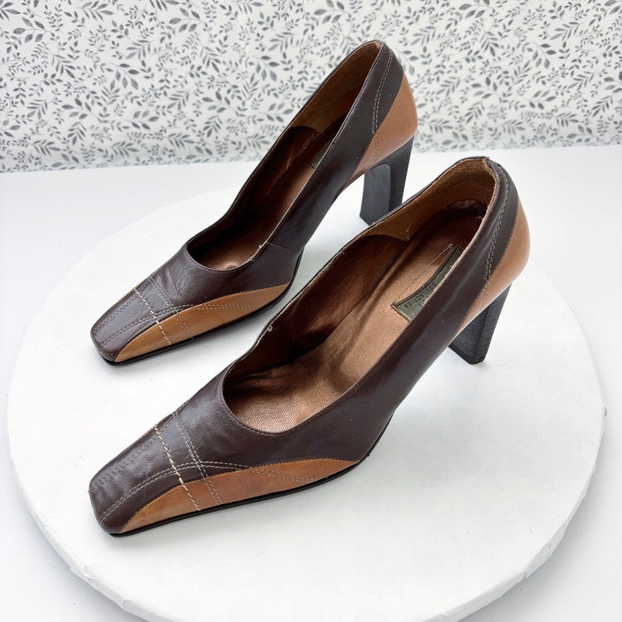 Luca Ferri Leather Pumps Brown Colorblock Square Toe Size 5.5