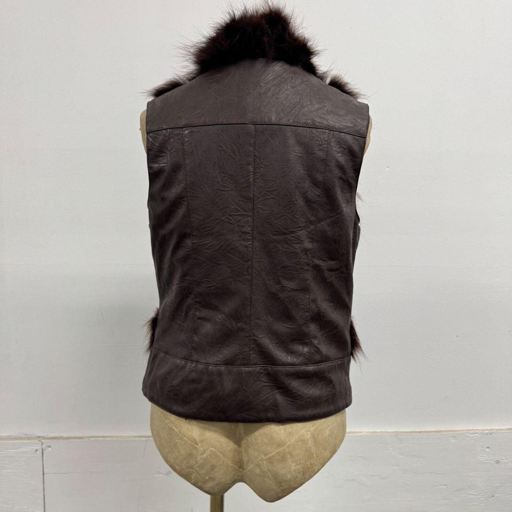 Vintage Y2K Chocolate Leather and Fox Fur Moto Vest