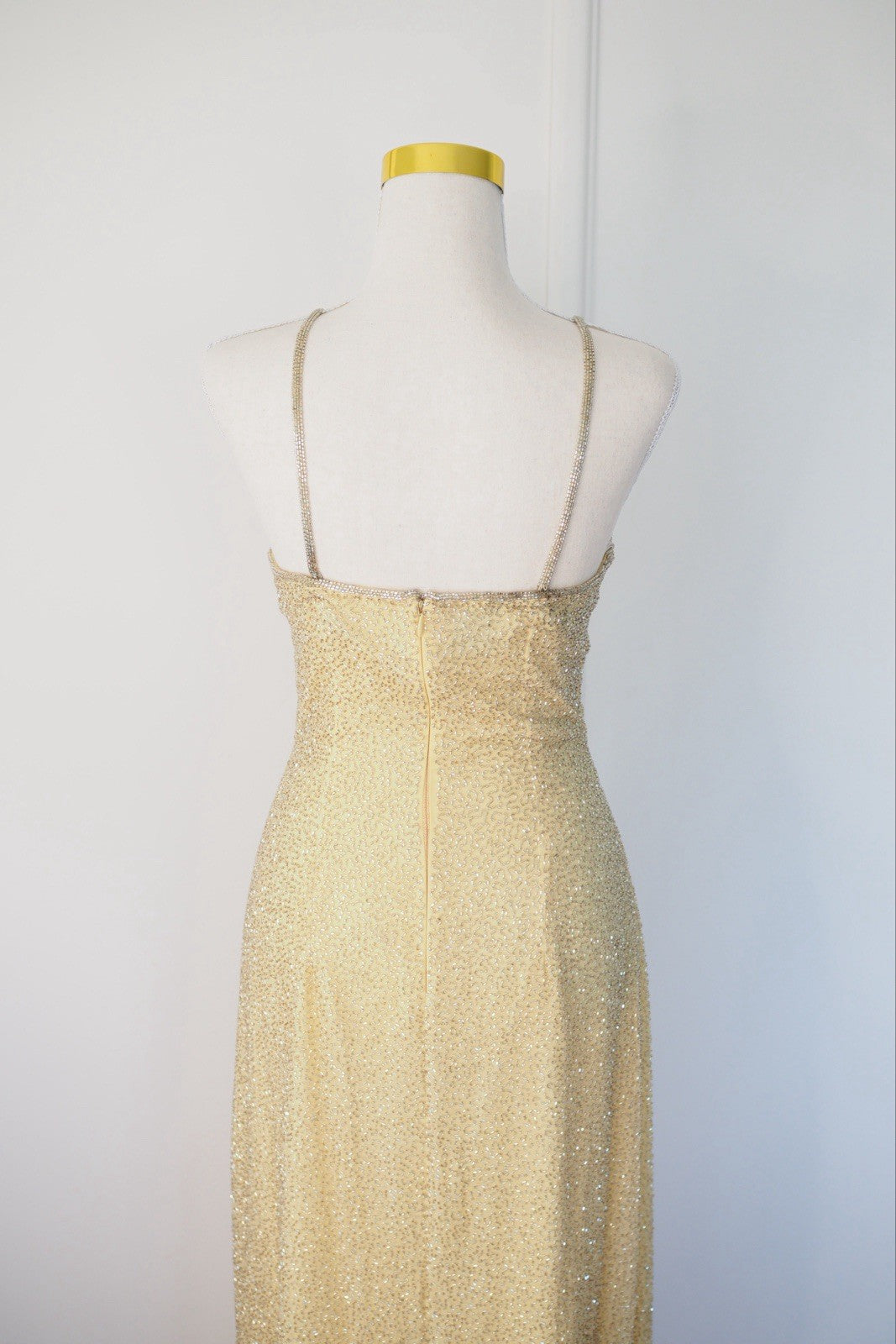 Vintage 90s Gold Beaded Sequin Silk Halter Gown Size S