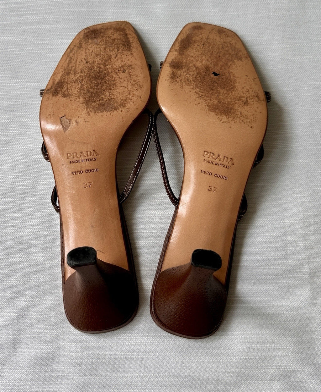 Vintage 90s 2000s PRADA Leather Rosebud Brown Pink Kitten Heels Sandals Size 37