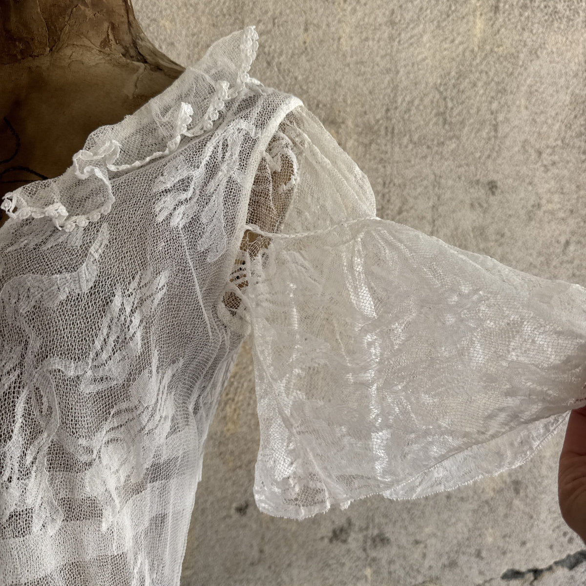 Antique Edwardian White Net Lace Dress Floral Lace Maxi Ruffle Bridal Vintage