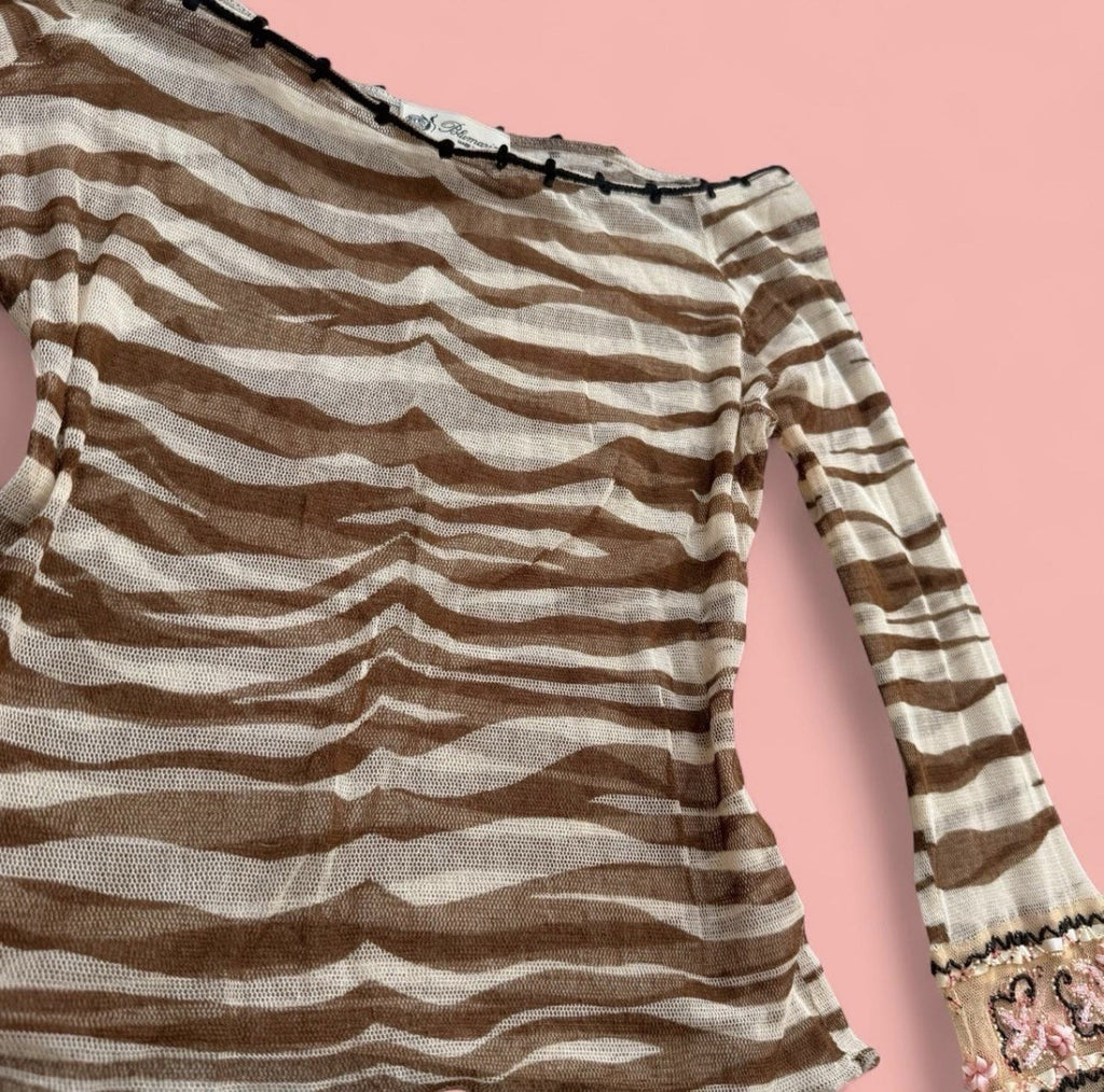 Blumarine SS2000 Zebra Sheer Mesh Coral Jewelled Fairy Top Small