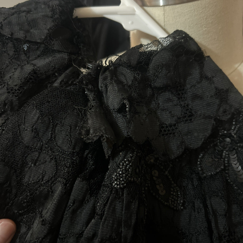 Vintage 1800's Victorian Gothic Black Lace Capelet w/ Beads  + Ruffle Size Small