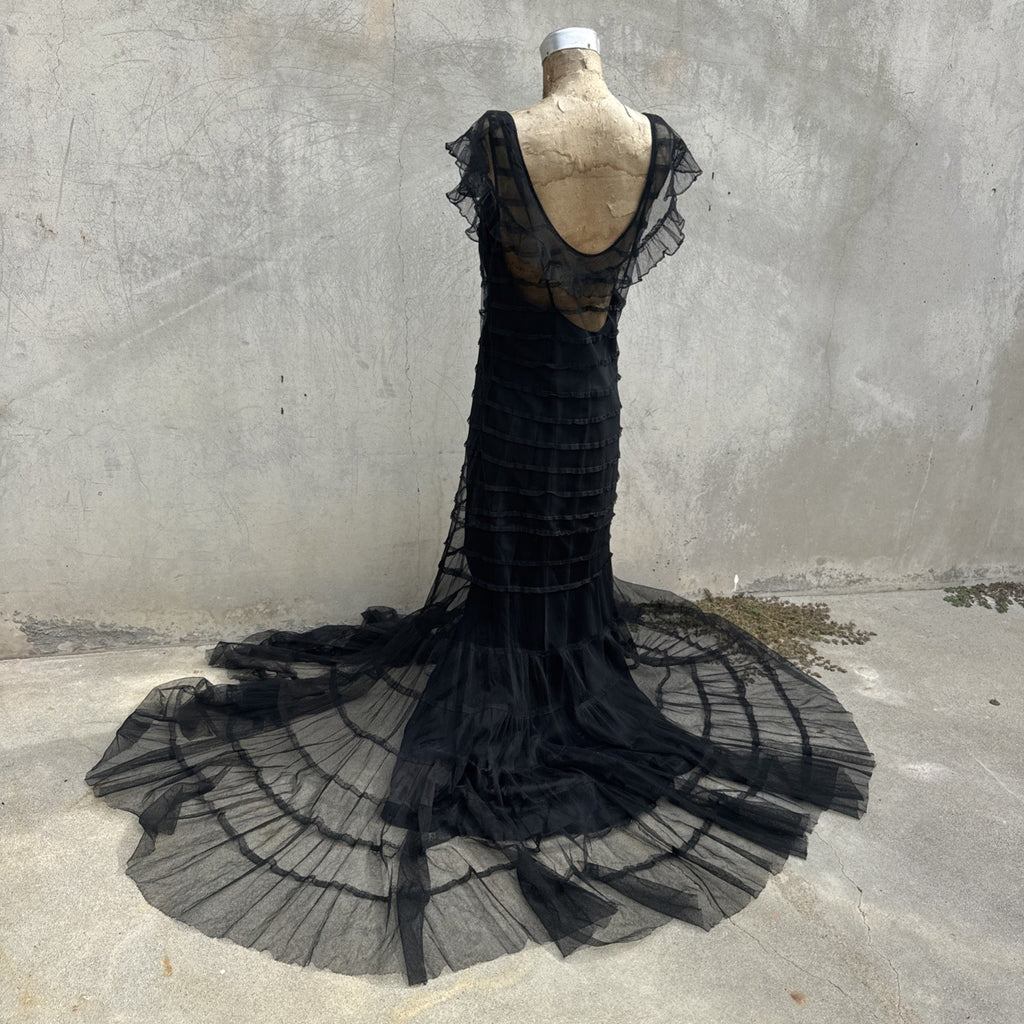 Vintage 1930s Black Mesh Net Gown Ruffles Low Back Bias Cut Art Deco Maxi Dress