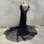 Vintage 1930s Black Mesh Net Gown Ruffles Low Back Bias Cut Art Deco Maxi Dress