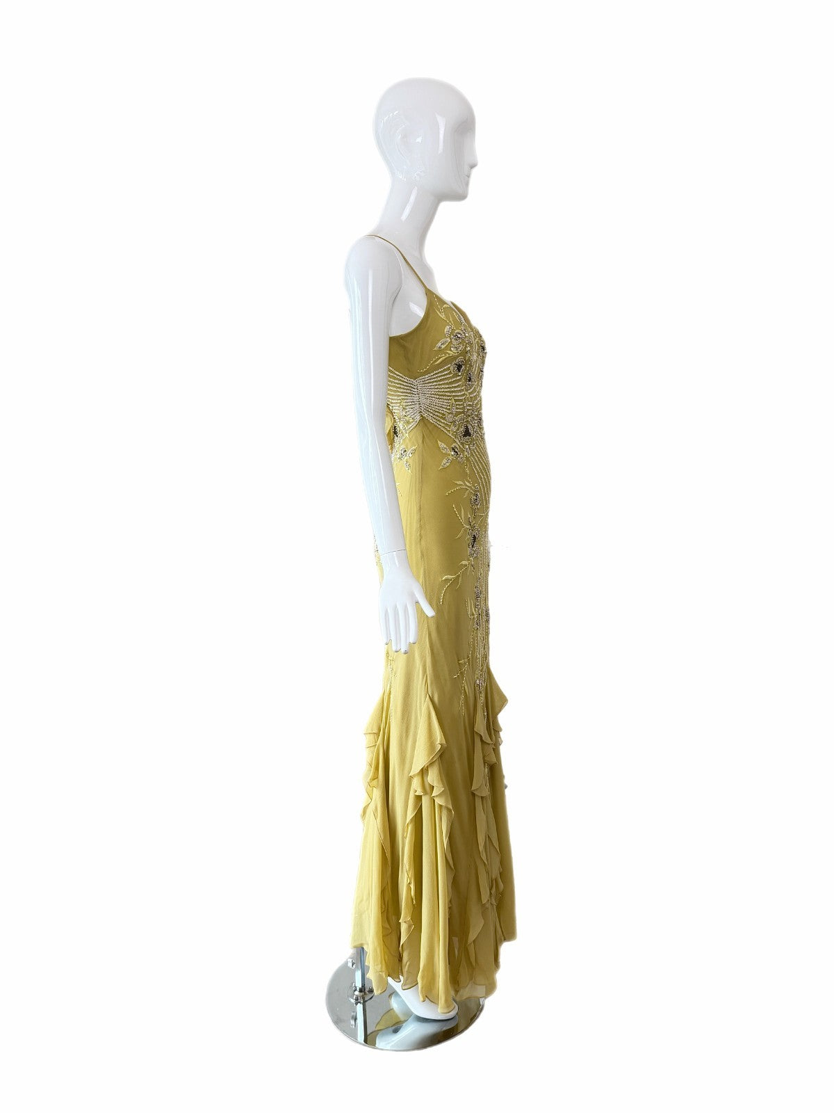 Sue Wong 2005 Chartreuse Silk Floral Beaded Ruffle Gown