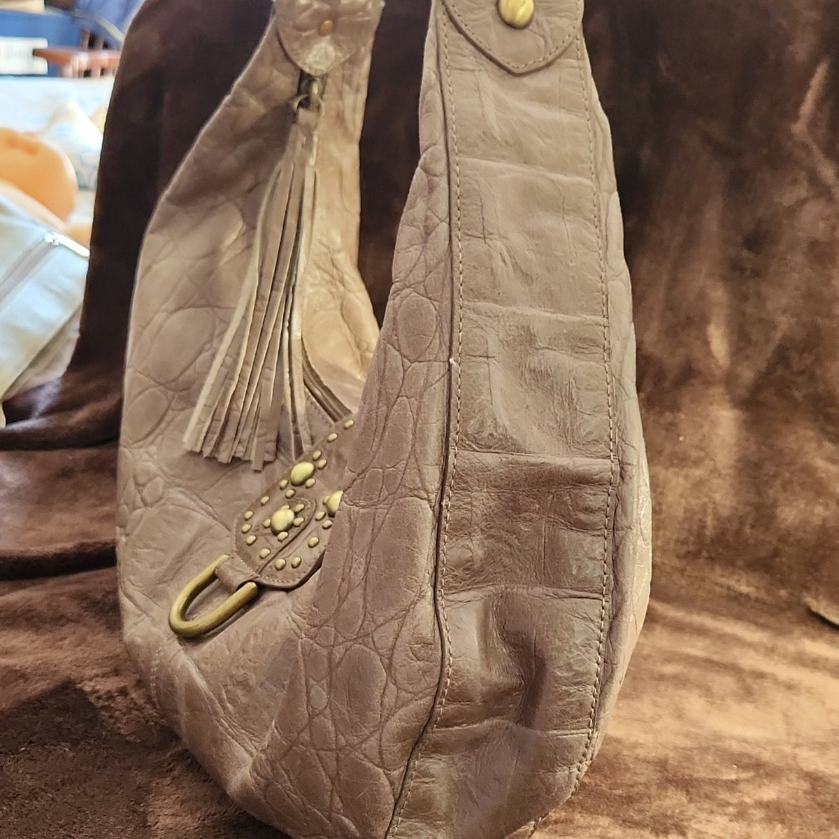Kate Landry Grey Leather Embossed Hobo Shoulder Bag with Studded Tassel