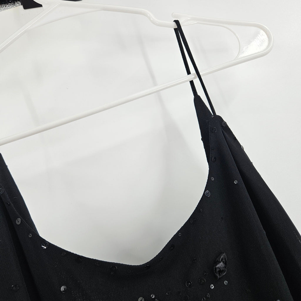 Vintage Cache Dress Black Sequin Flower Mesh Cami