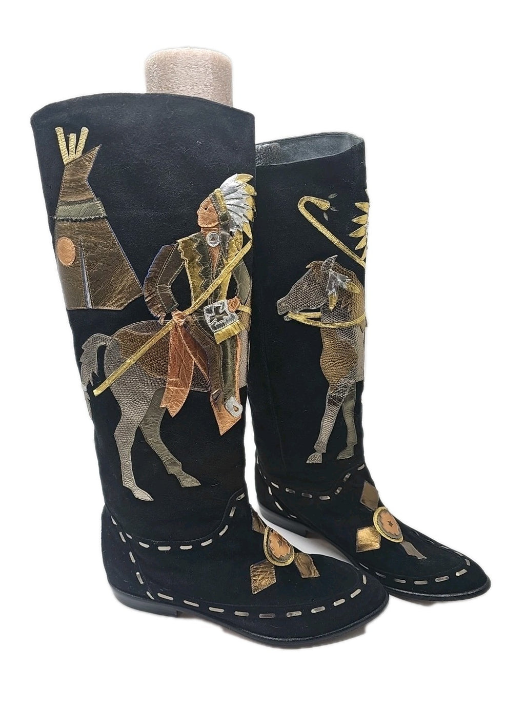 Rare Vtg Zalo Black Suede 8 Boots Metallic Leather Native American Horse Teepee