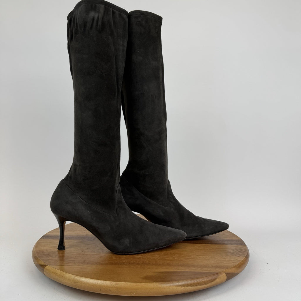 Womens Manolo Blahnik Pamfilo Stretch Gray Suede Pull On Stiletto Boots Size 40