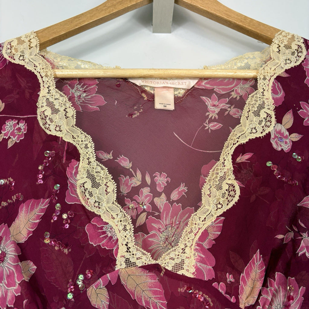 Vtg Y2K Victoria’s Secret Pink Label Silk Babydoll Dress Sz M Lace Floral Sequin