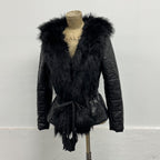 Vintage Y2K Black Leather Quilted Jacket with Faux-Fur Trim