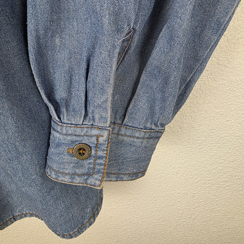 VTG Womens Denim Shirt Western Leather Lace Up Collar Pockets Long Sleeve M