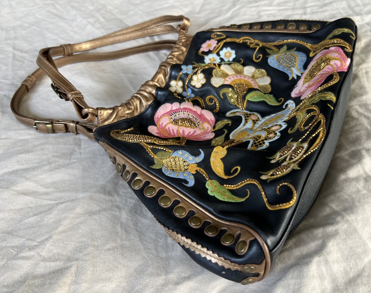 Isabella Fiore Black and Gold Floral Embroidered Leather Shoulder Bag