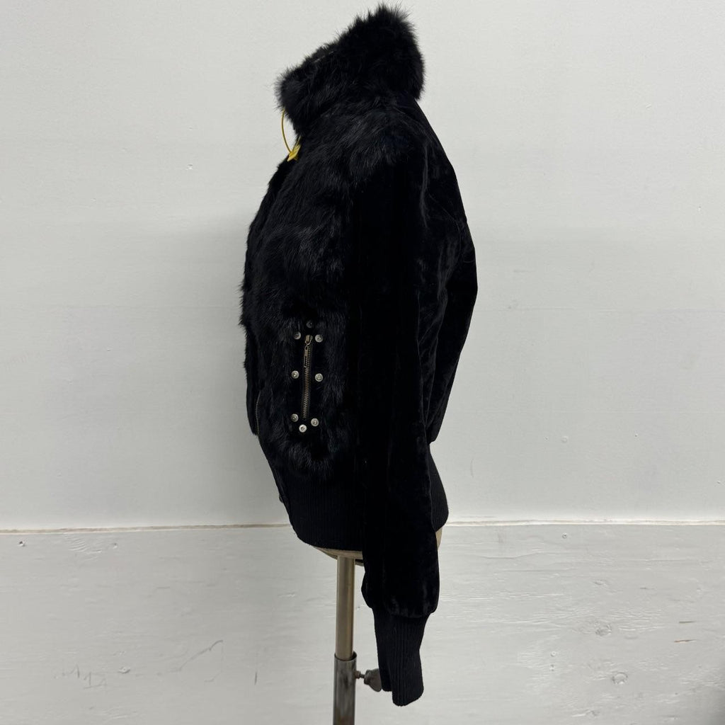 Vintage Y2K Black Plush Rabbit Fur and Velvet Zip-Up Bomber Jacket